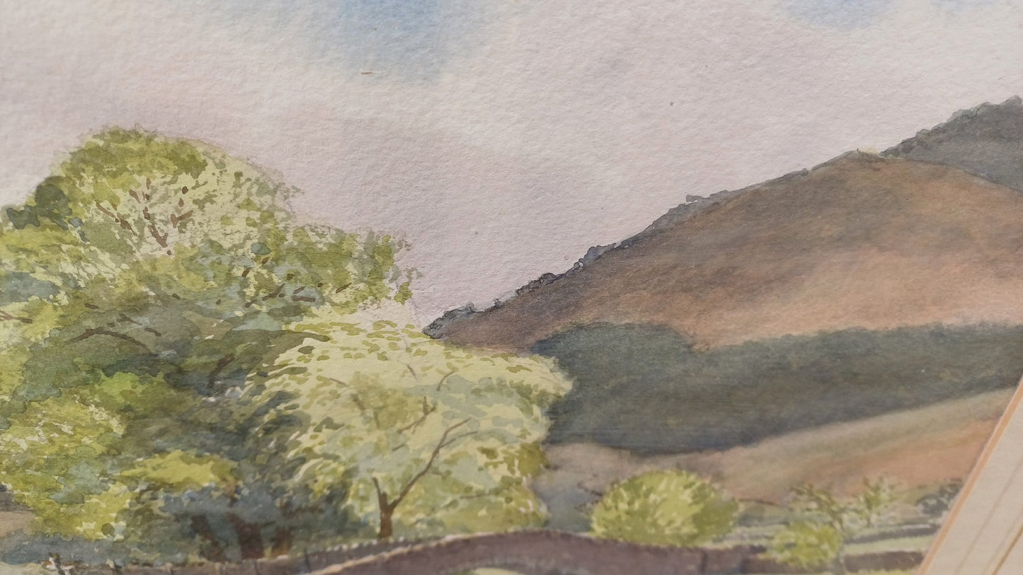 Vintage watercolour painting of Lake District, Cumbria - river, stone bridge, farmhouse, fells, by John Cornforth of Ambleside, orignal