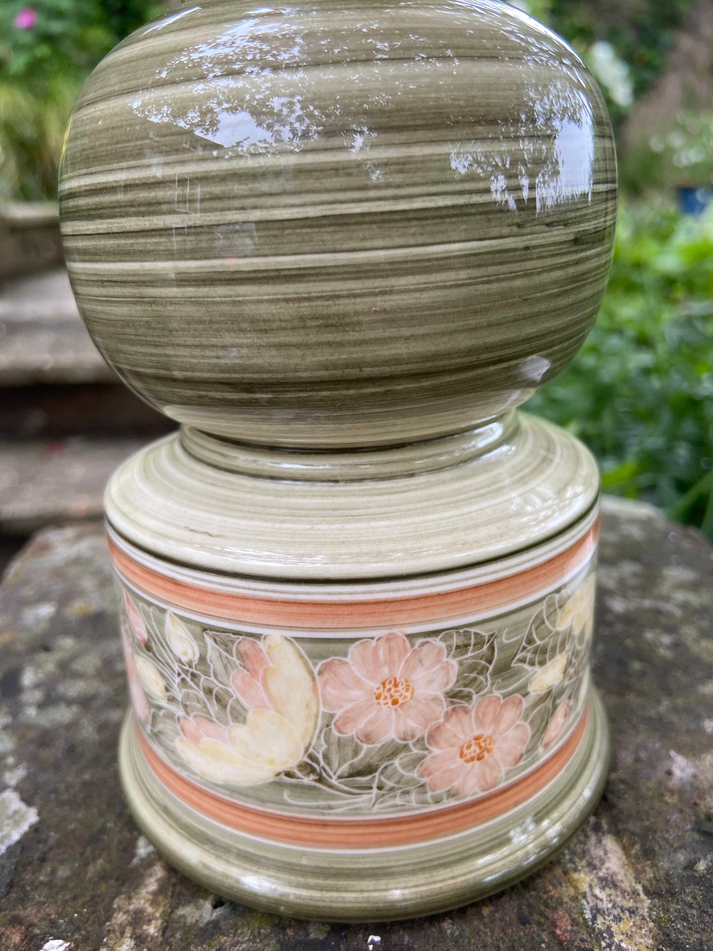 Vintage Jersey Pottery Green Table Lamp - working vintage table lamp, Green ceramic with hand painted flowers