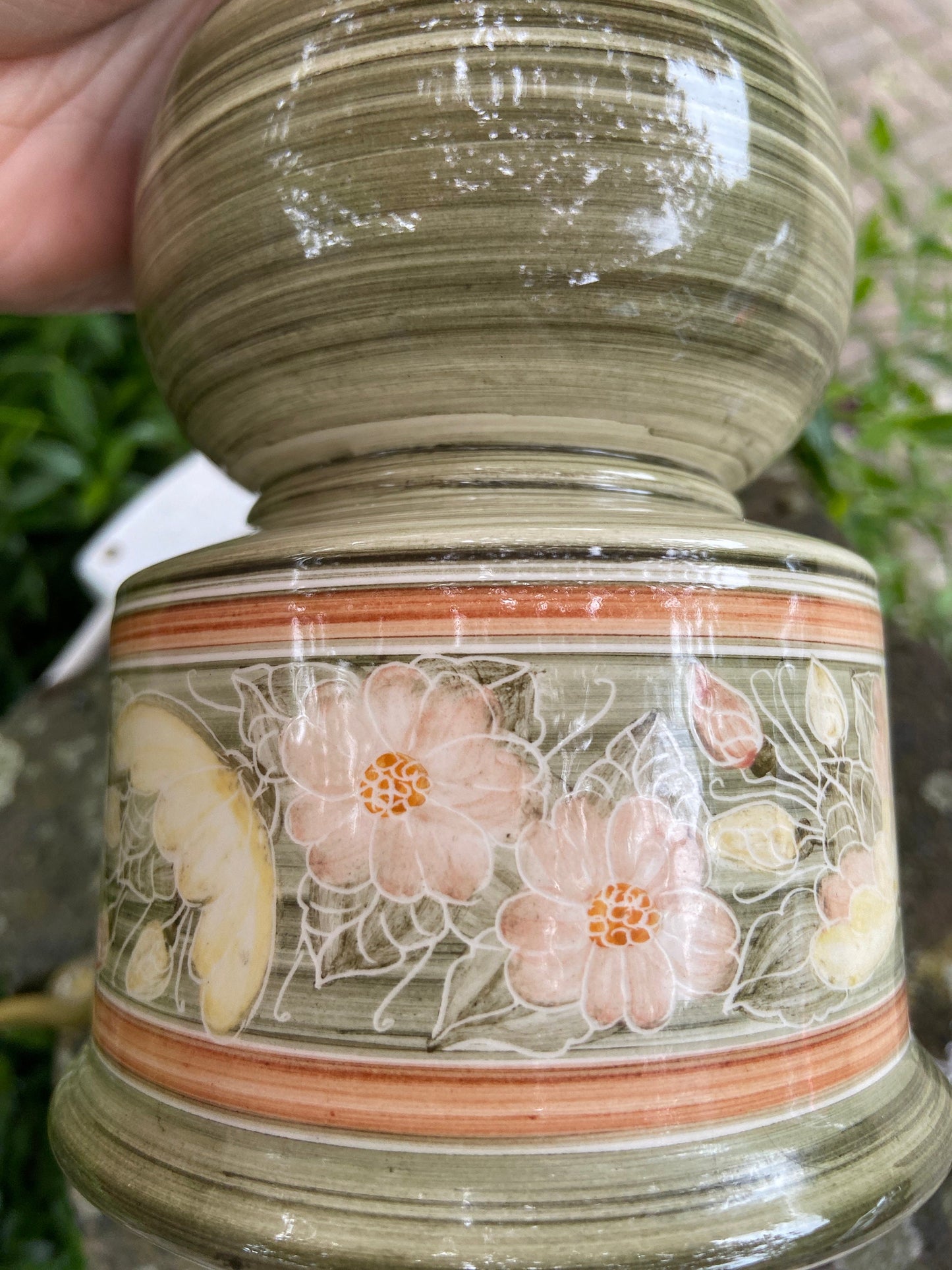 Vintage Jersey Pottery Green Table Lamp - working vintage table lamp, Green ceramic with hand painted flowers