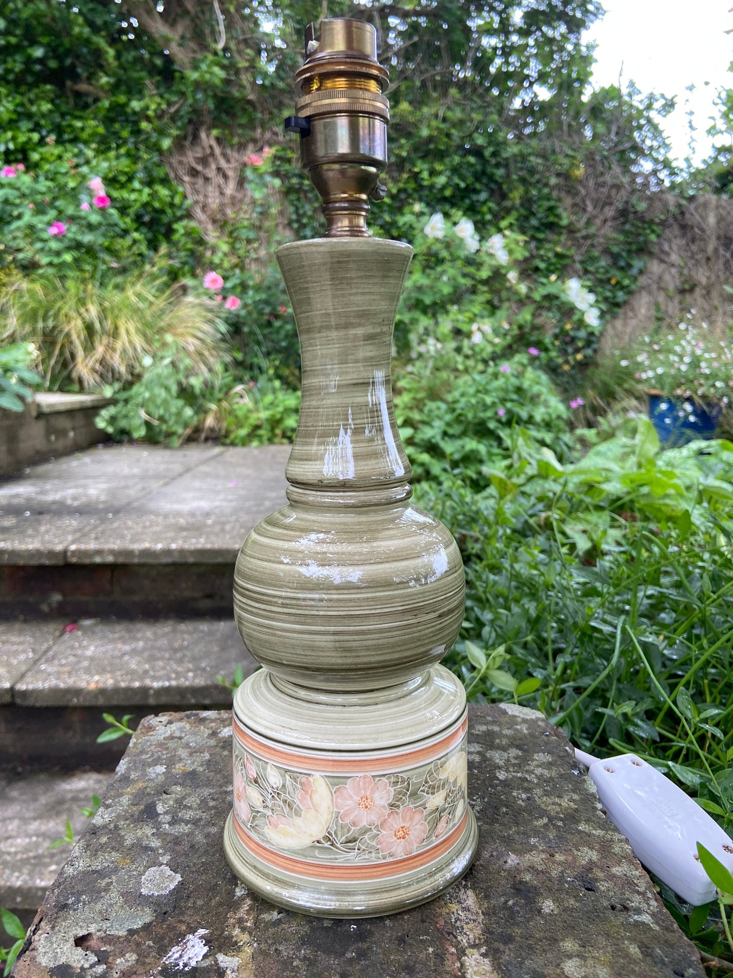 Vintage Jersey Pottery Green Table Lamp - working vintage table lamp, Green ceramic with hand painted flowers