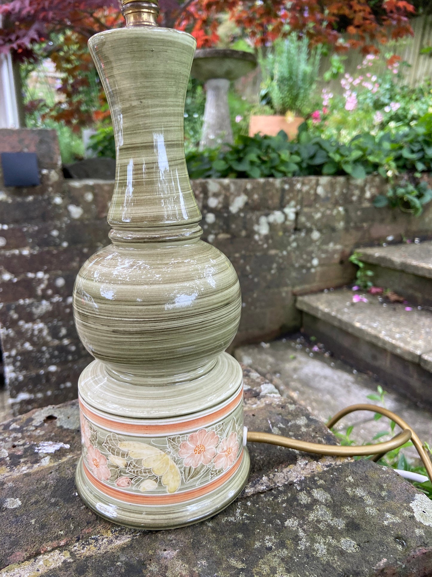 Vintage Jersey Pottery Green Table Lamp - working vintage table lamp, Green ceramic with hand painted flowers