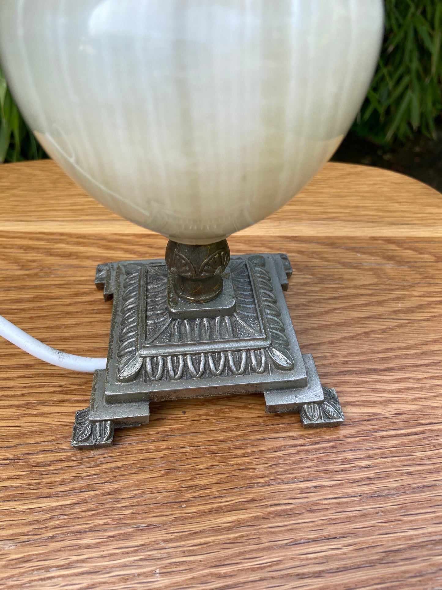 Ornate vintage Onyx Lamp - Green onyx with stripes, and cream inserted stone, ornate metal square base and stem