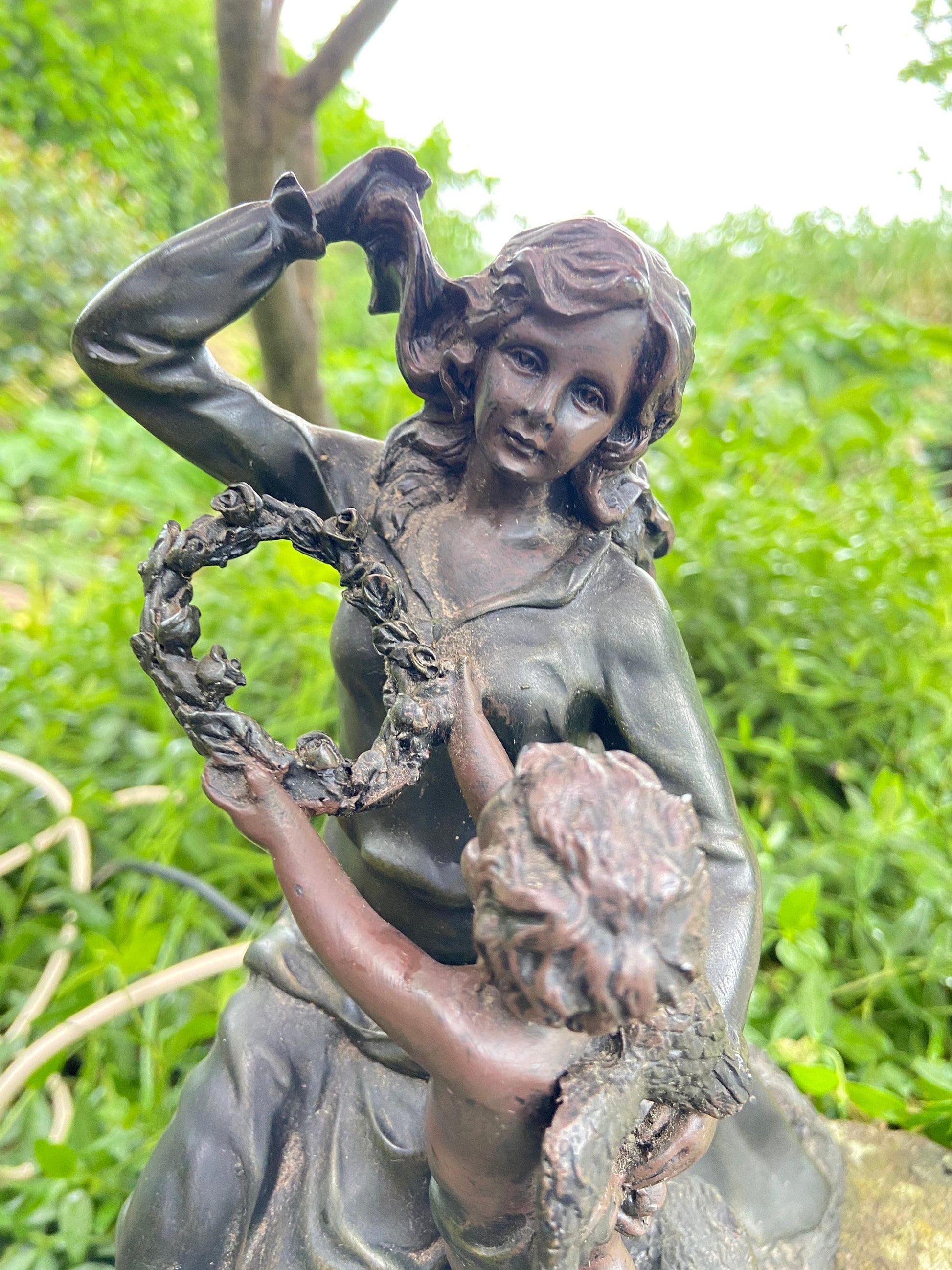 Vintage Widdop Bingham Bronze coloured finish table lamp, with woman and cherub / angel - working and CE certified, vintage table lamp