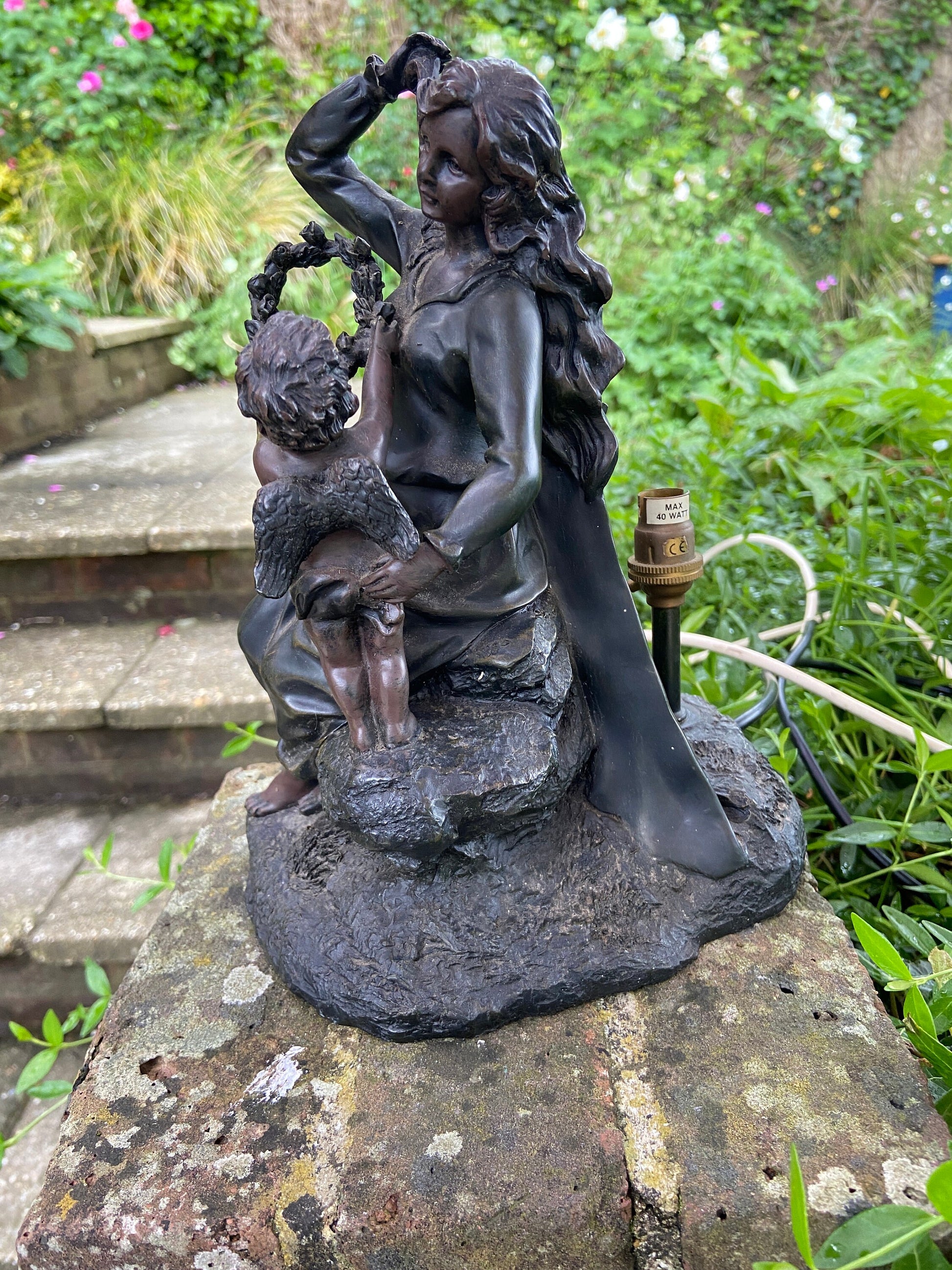 Vintage Widdop Bingham Bronze coloured finish table lamp, with woman and cherub / angel - working and CE certified, vintage table lamp
