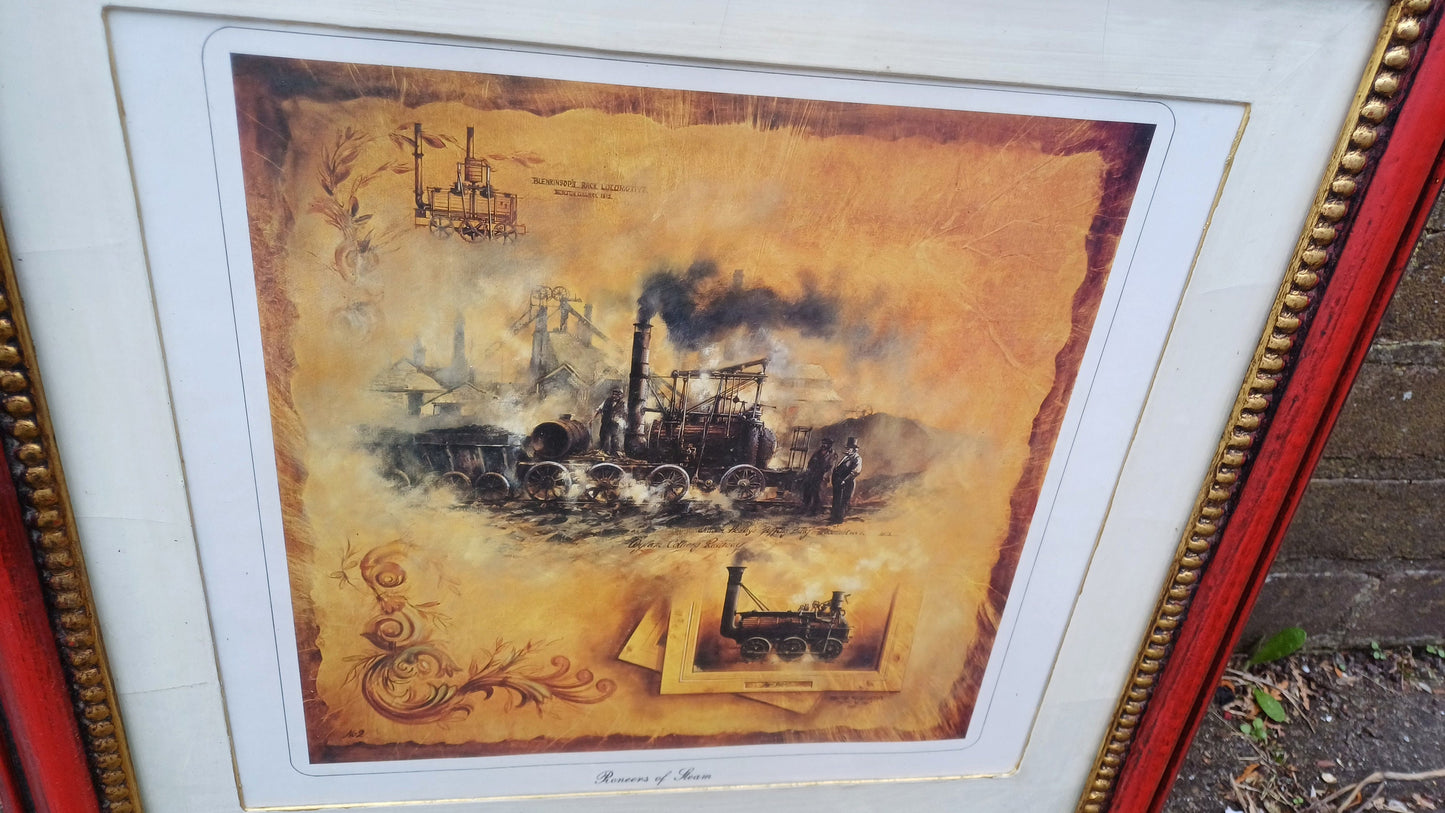 Steam Engines and Train lovers Delight - vintage prints of steam engines professionally framed as a set - Industrial Revolution, Engineering