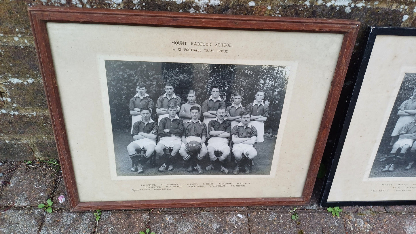 Three wonderful sports team photos from 1930s in vintage glazed frames - Mount Radford School, Exeter, Devon - football, cricket, rugby
