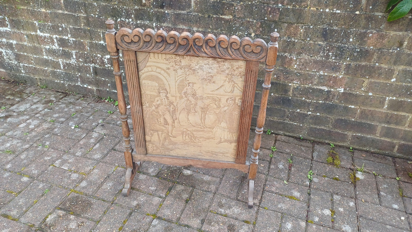 Superb Vintage Stripped Oak Tapestry Fire Screen