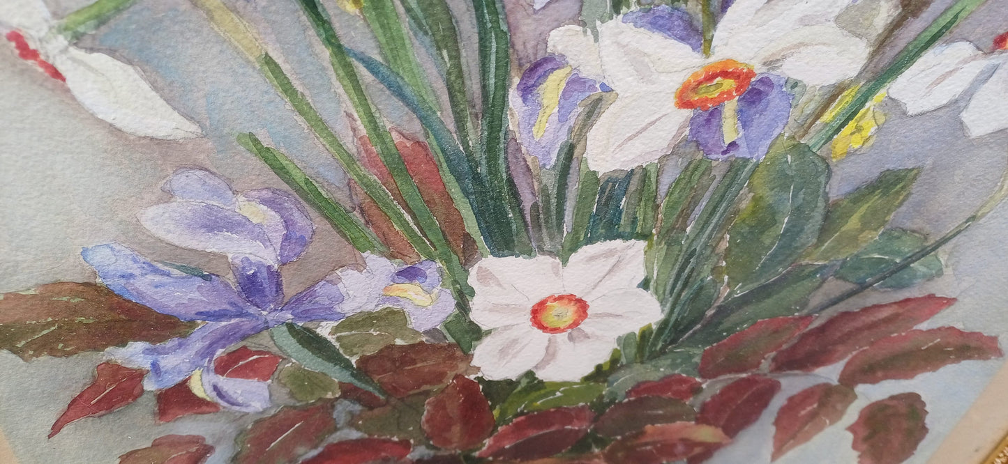 Vintage flower still life watercolour, water colour, in vintage gilt glazed frame - Ethel Pickles