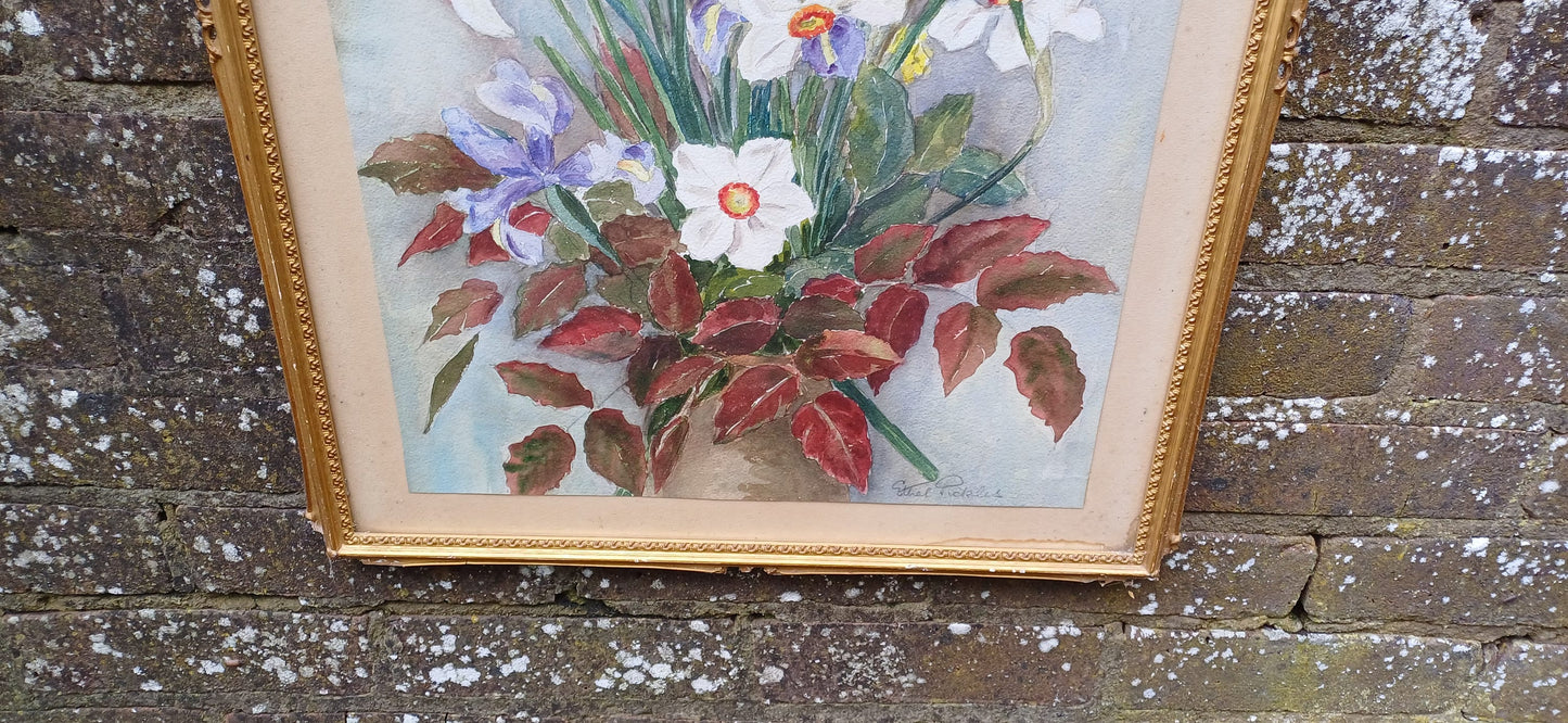 Vintage flower still life watercolour, water colour, in vintage gilt glazed frame - Ethel Pickles