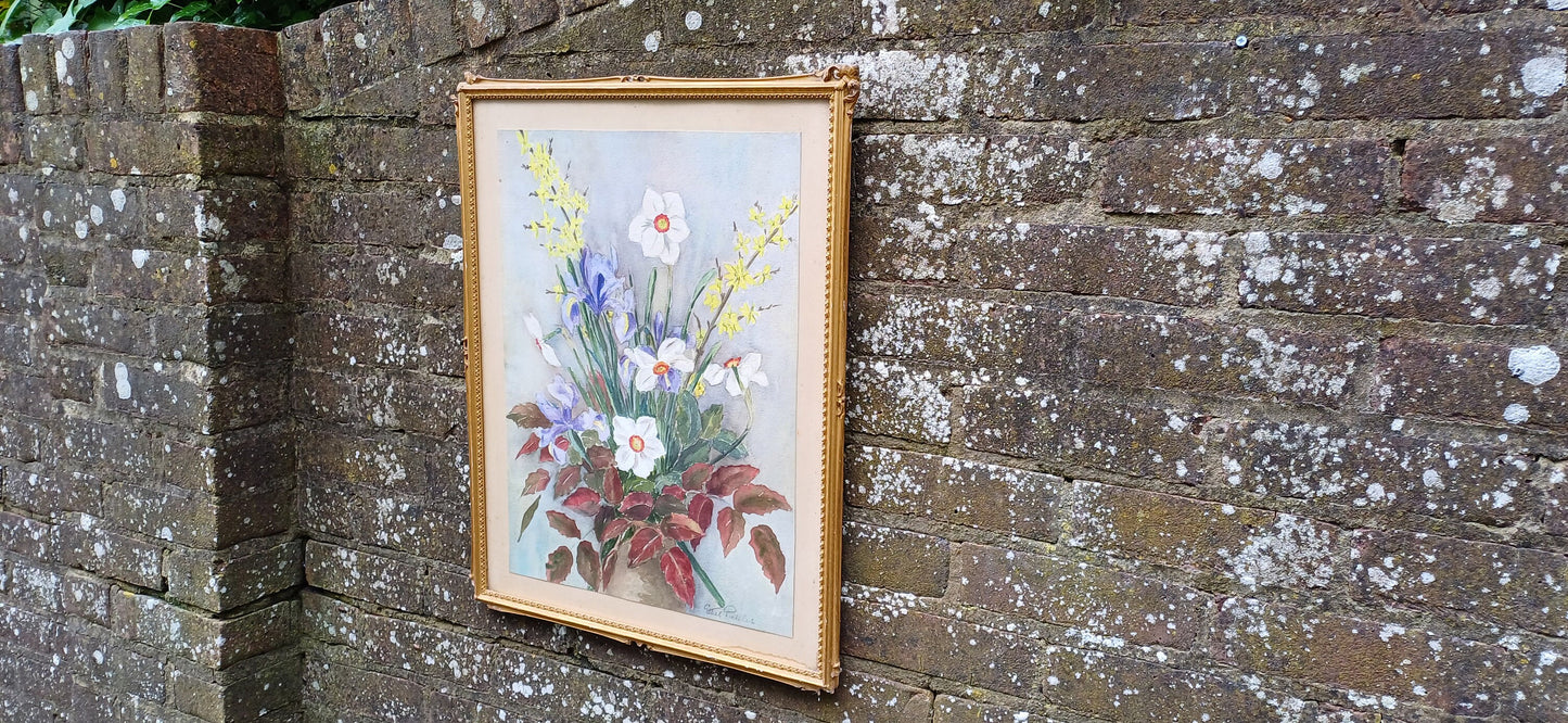 Vintage flower still life watercolour, water colour, in vintage gilt glazed frame - Ethel Pickles