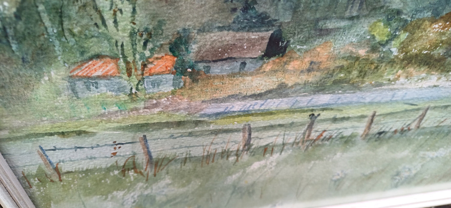 Lovely vintage watercolour of Kent countryside and townscape by artist Stringer , retro vintage white wooden glazed frame