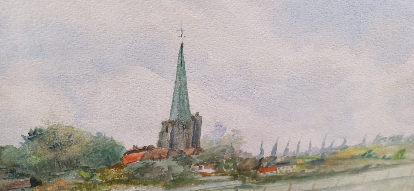 Lovely vintage watercolour of Kent countryside and townscape by artist Stringer , retro vintage white wooden glazed frame