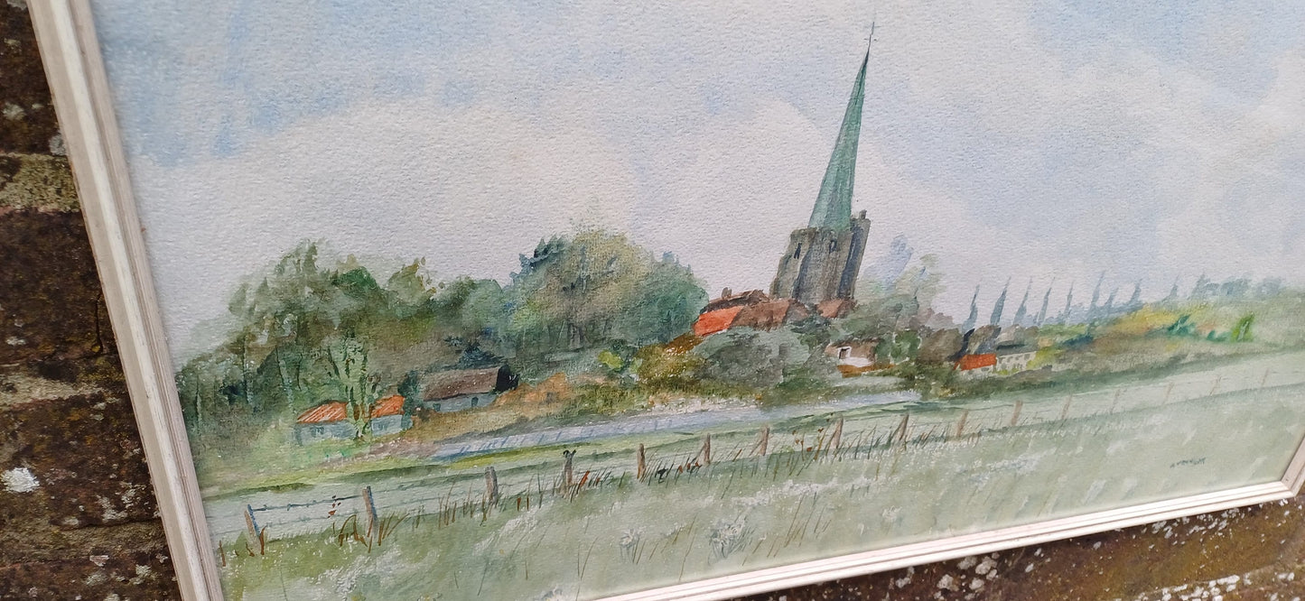 Lovely vintage watercolour of Kent countryside and townscape by artist Stringer , retro vintage white wooden glazed frame