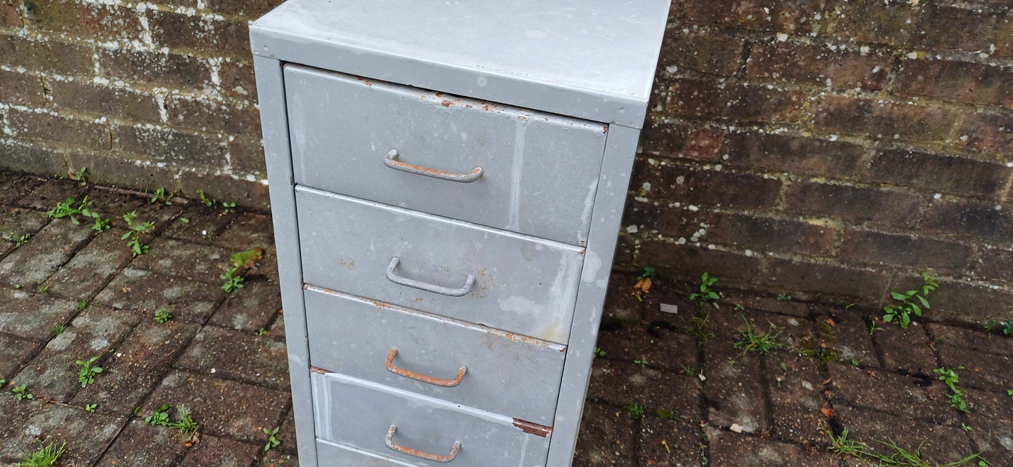 Vintage Retro 80s Grey Metal Filing Drawers Tools Office Artisan Storage