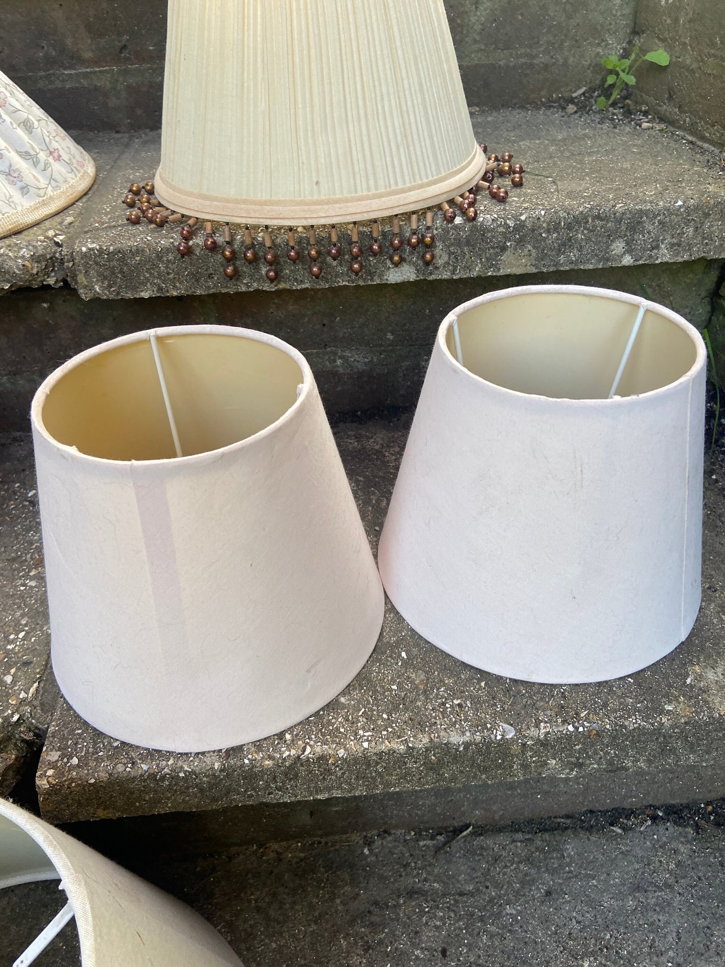 Six small medium size vintage shades - incl a pair, jacquard material one, pleated shade with brown beads, vintage lampshades
