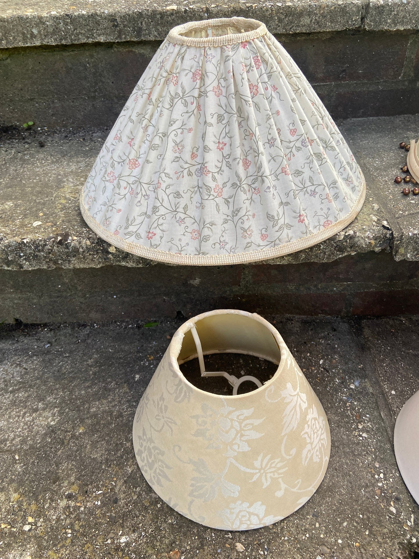 Six small medium size vintage shades - incl a pair, jacquard material one, pleated shade with brown beads, vintage lampshades