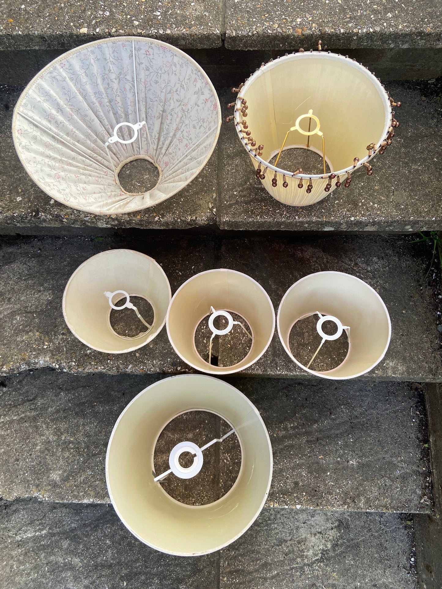 Six small medium size vintage shades - incl a pair, jacquard material one, pleated shade with brown beads, vintage lampshades