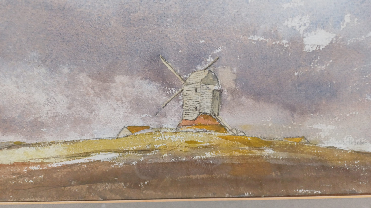 Vintage water colour of South Downs with a Sussex Windmill; landscape watercolour; Sussex painting, glazed vintage frame, large painting