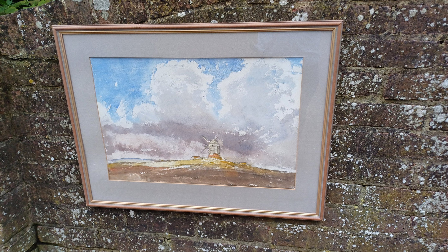 Vintage water colour of South Downs with a Sussex Windmill; landscape watercolour; Sussex painting, glazed vintage frame, large painting