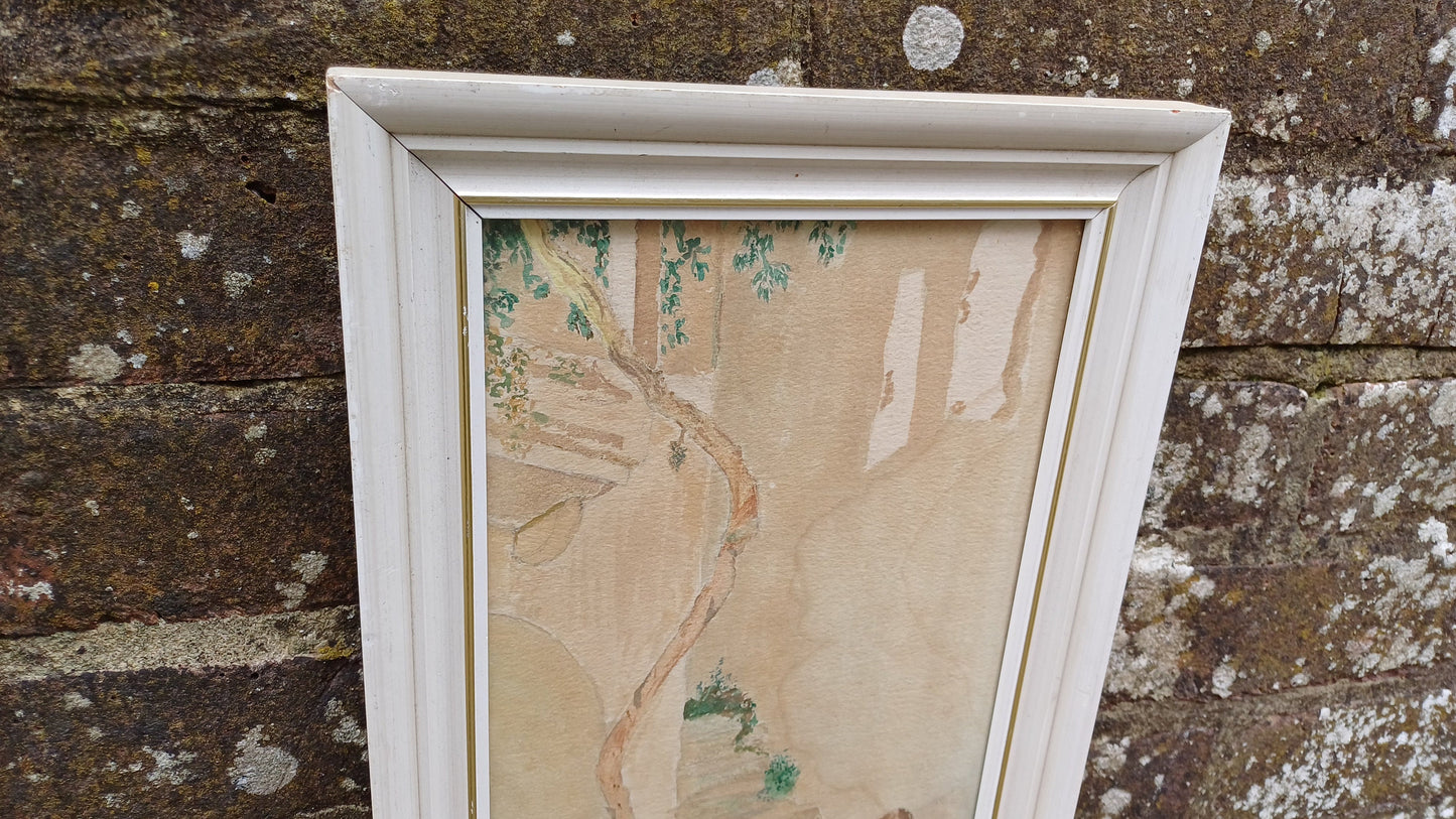 Vintage watercolour of a Mediterranean Village scene, boy on steps enjoying hot weather. Small vertical painting in glazed retro frame.
