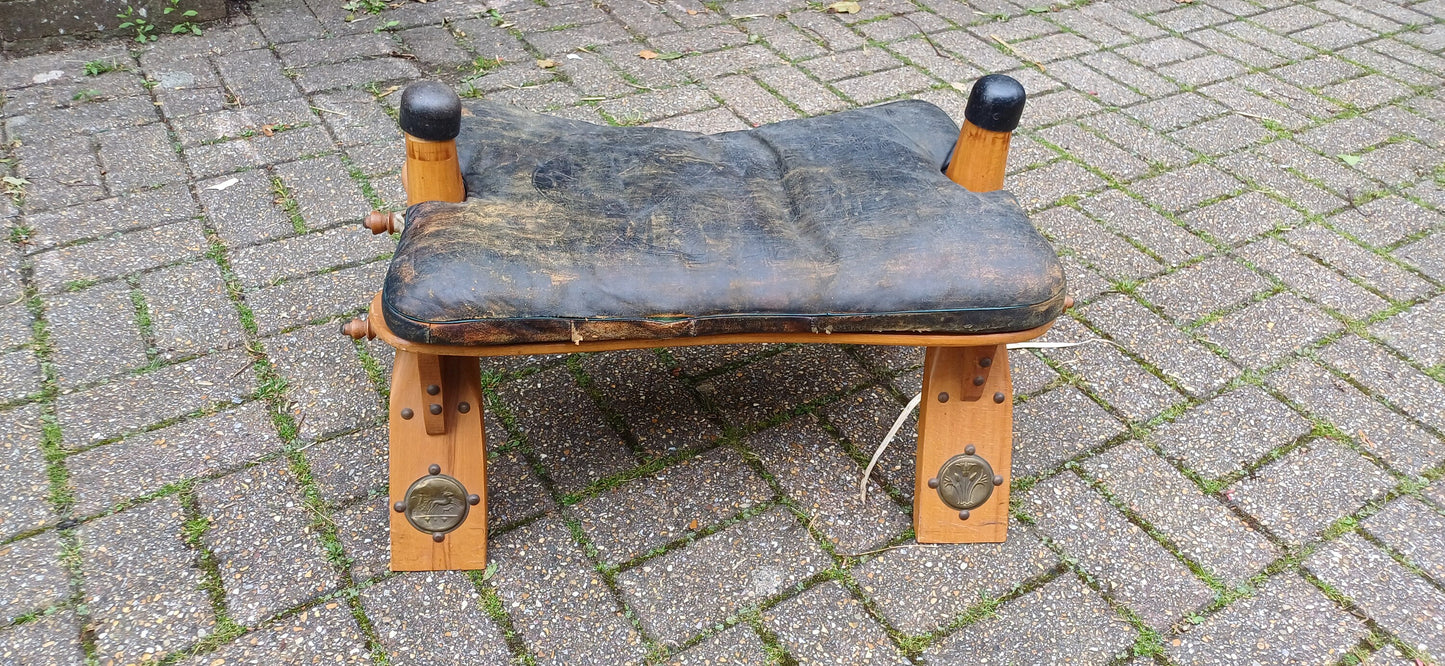 Wonderful Vintage Wooden Camel Stool with Age Worn Leather Cushion