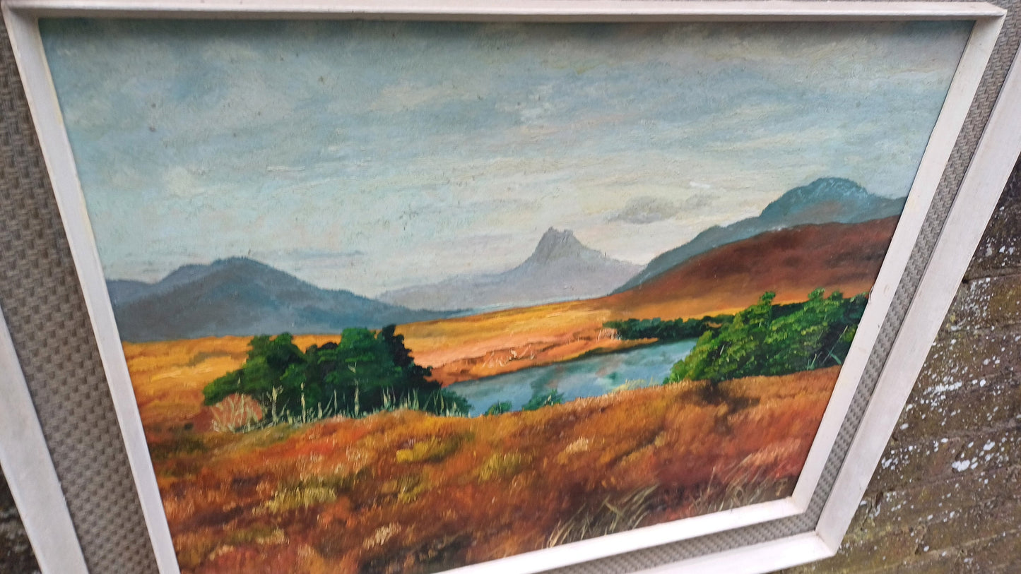 Original vintage Oil Painting of a Landscape, framed in wonderful retro material mounted vintage frame - large