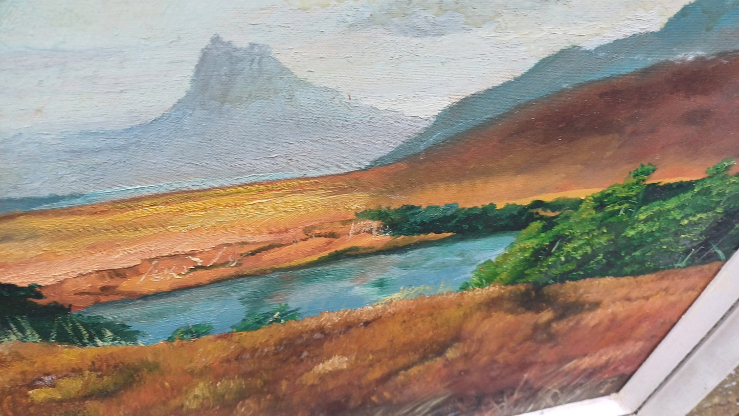 Original vintage Oil Painting of a Landscape, framed in wonderful retro material mounted vintage frame - large