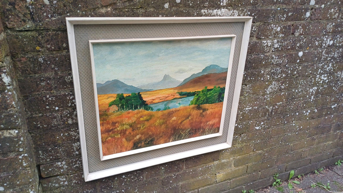 Original vintage Oil Painting of a Landscape, framed in wonderful retro material mounted vintage frame - large
