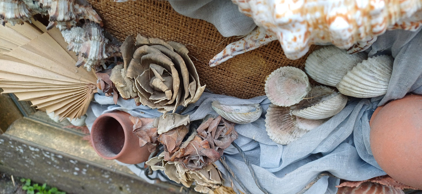 Stunning piece of 3D craft/ collage - real shells, coral, material, plants all displayed on a hessian backing in a upcycled vintage frame