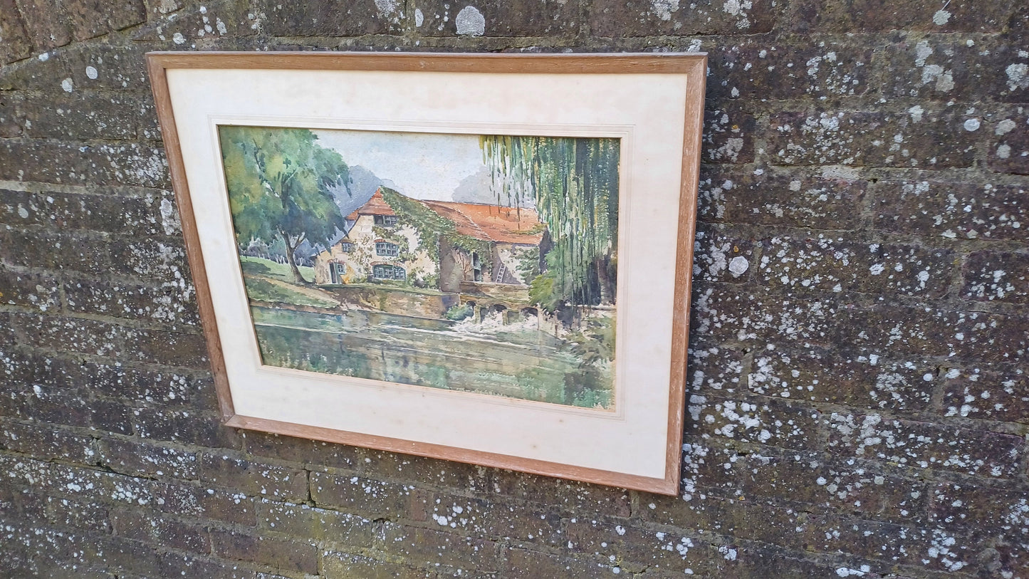 Large vintage watercolour of a Kent house on a river - Mill house, water house, original water colour