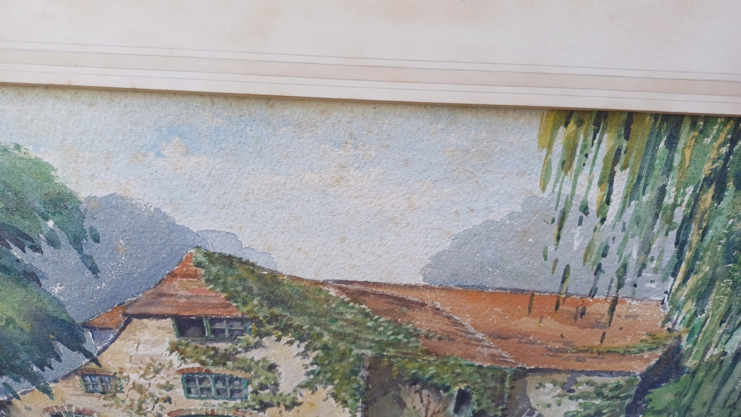 Large vintage watercolour of a Kent house on a river - Mill house, water house, original water colour