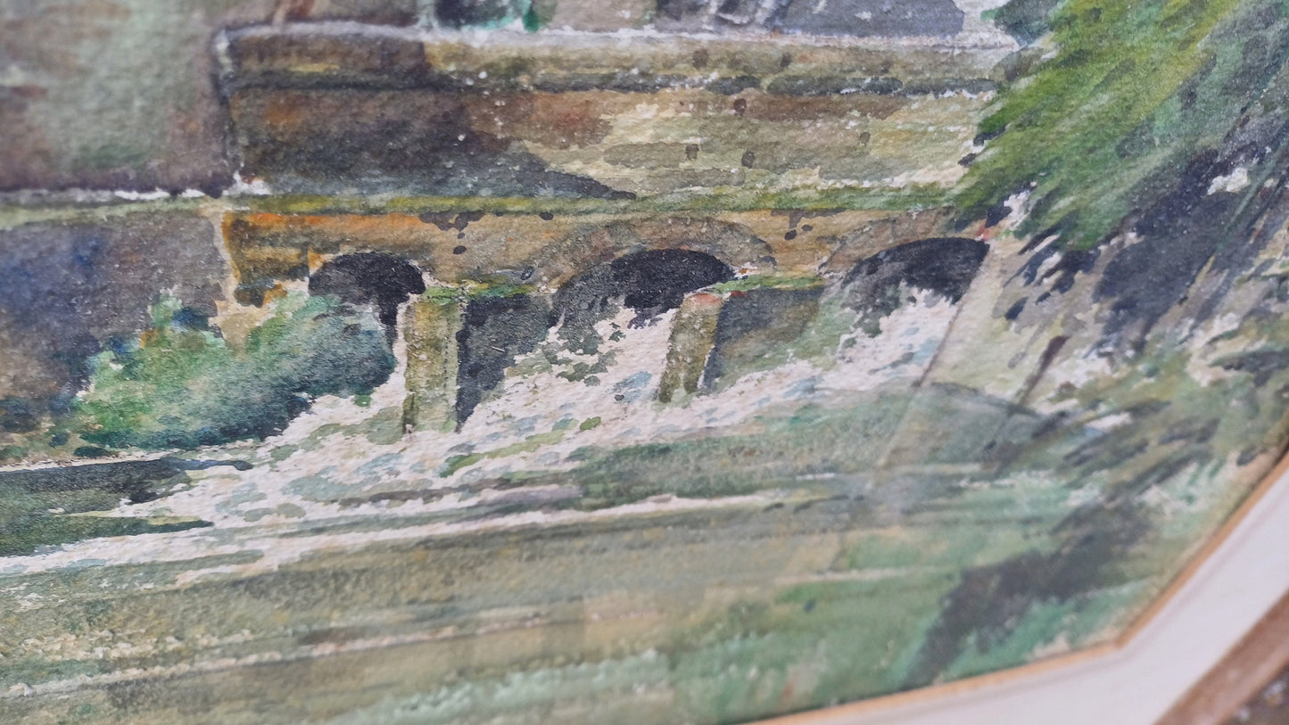 Large vintage watercolour of a Kent house on a river - Mill house, water house, original water colour