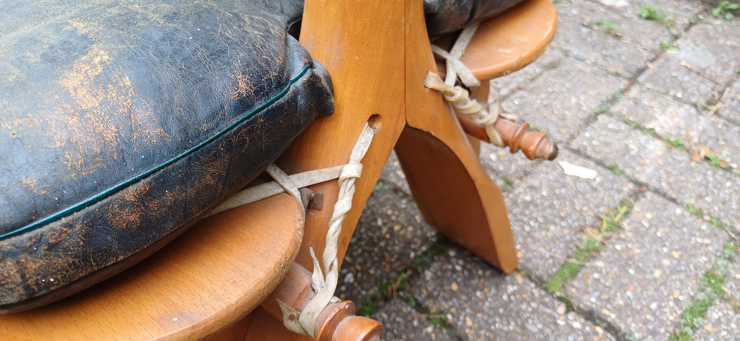Wonderful Vintage Wooden Camel Stool with Age Worn Leather Cushion