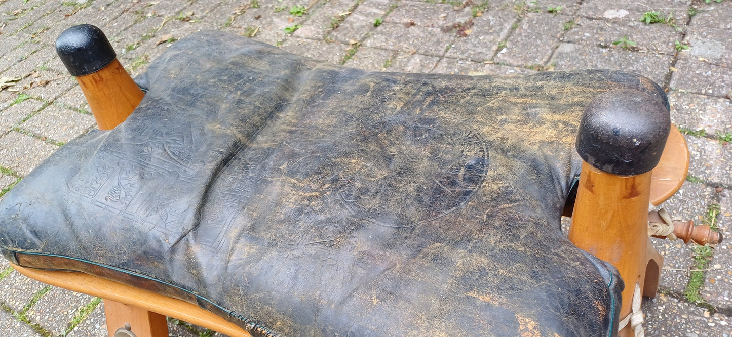 Wonderful Vintage Wooden Camel Stool with Age Worn Leather Cushion