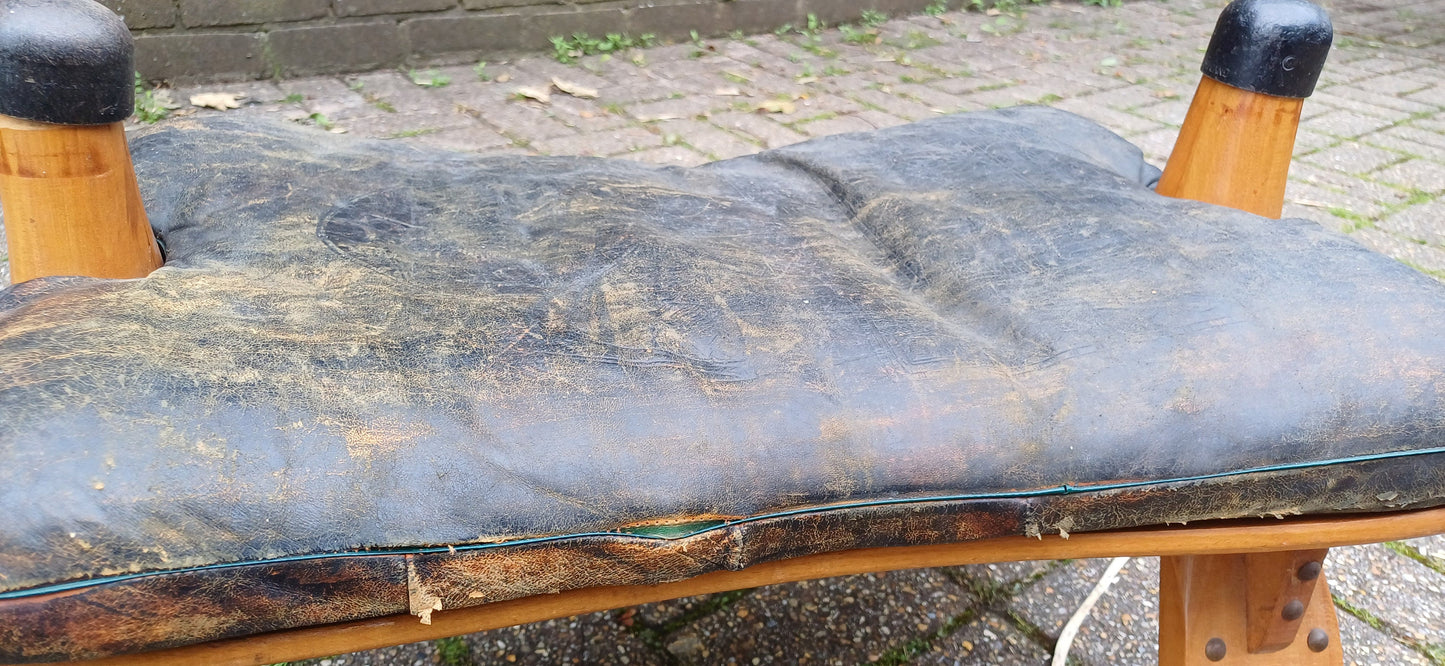 Wonderful Vintage Wooden Camel Stool with Age Worn Leather Cushion