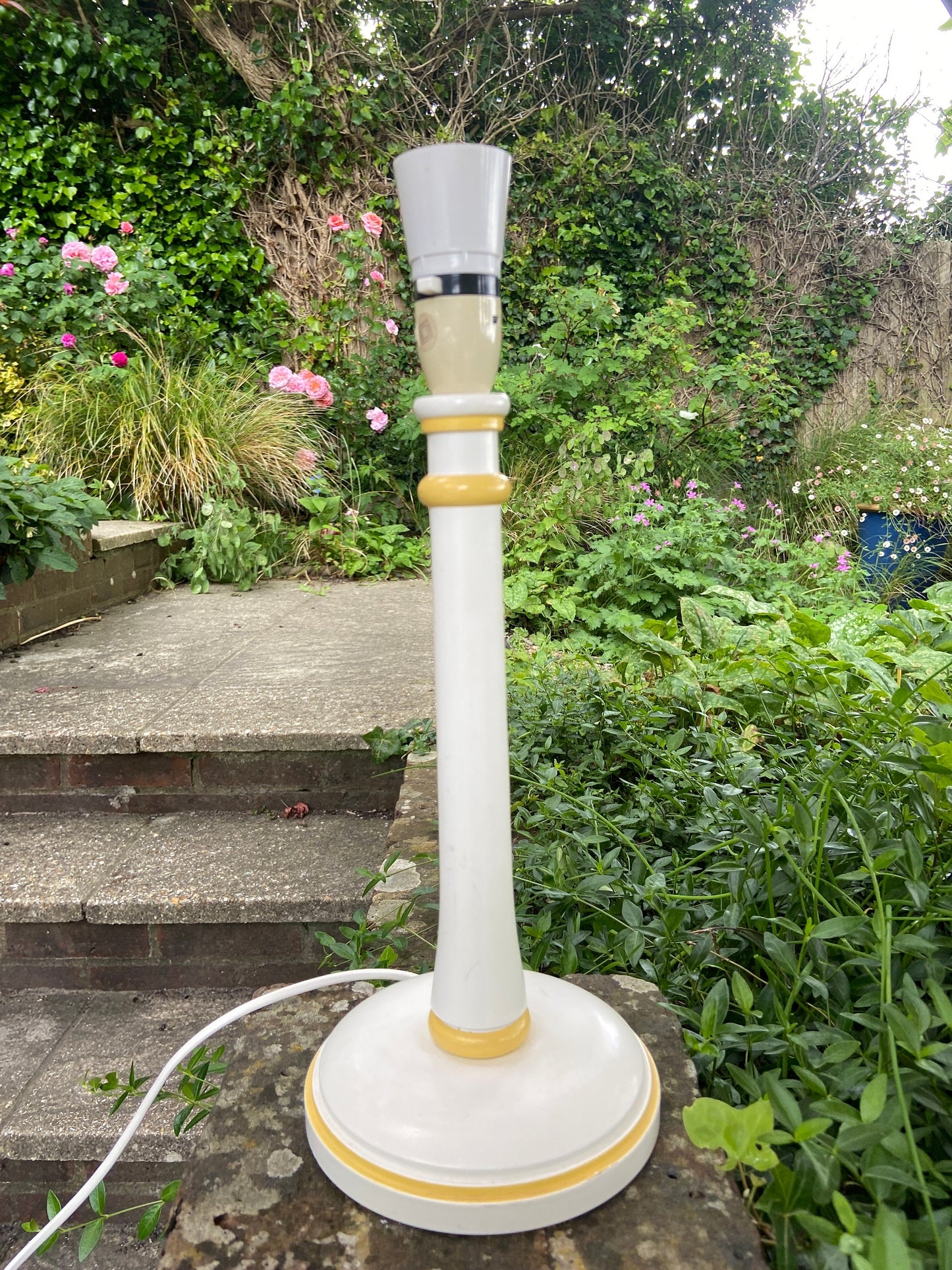 Vintage Laura Ashley painted wooden yellow striped and cream/white vintag table lamp