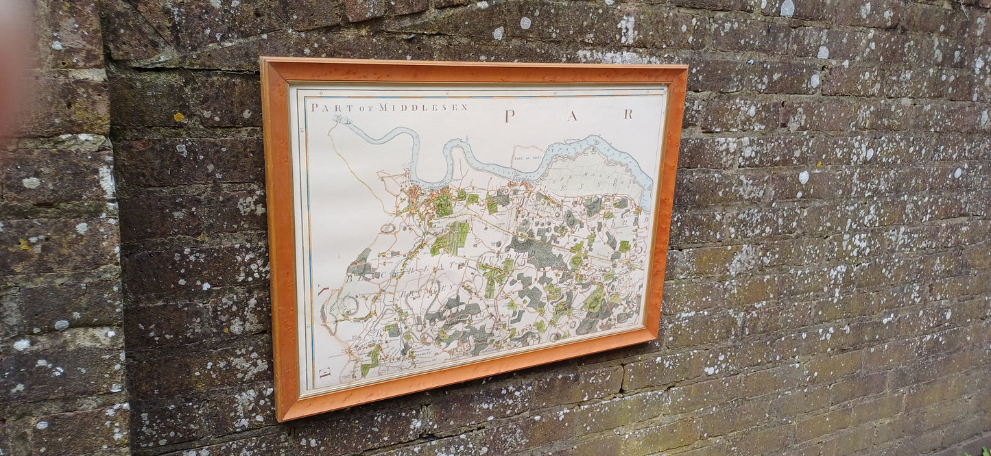 Vintage hand coloured reproduction of original engraving of a Map of Middlesex (part), vintage map print