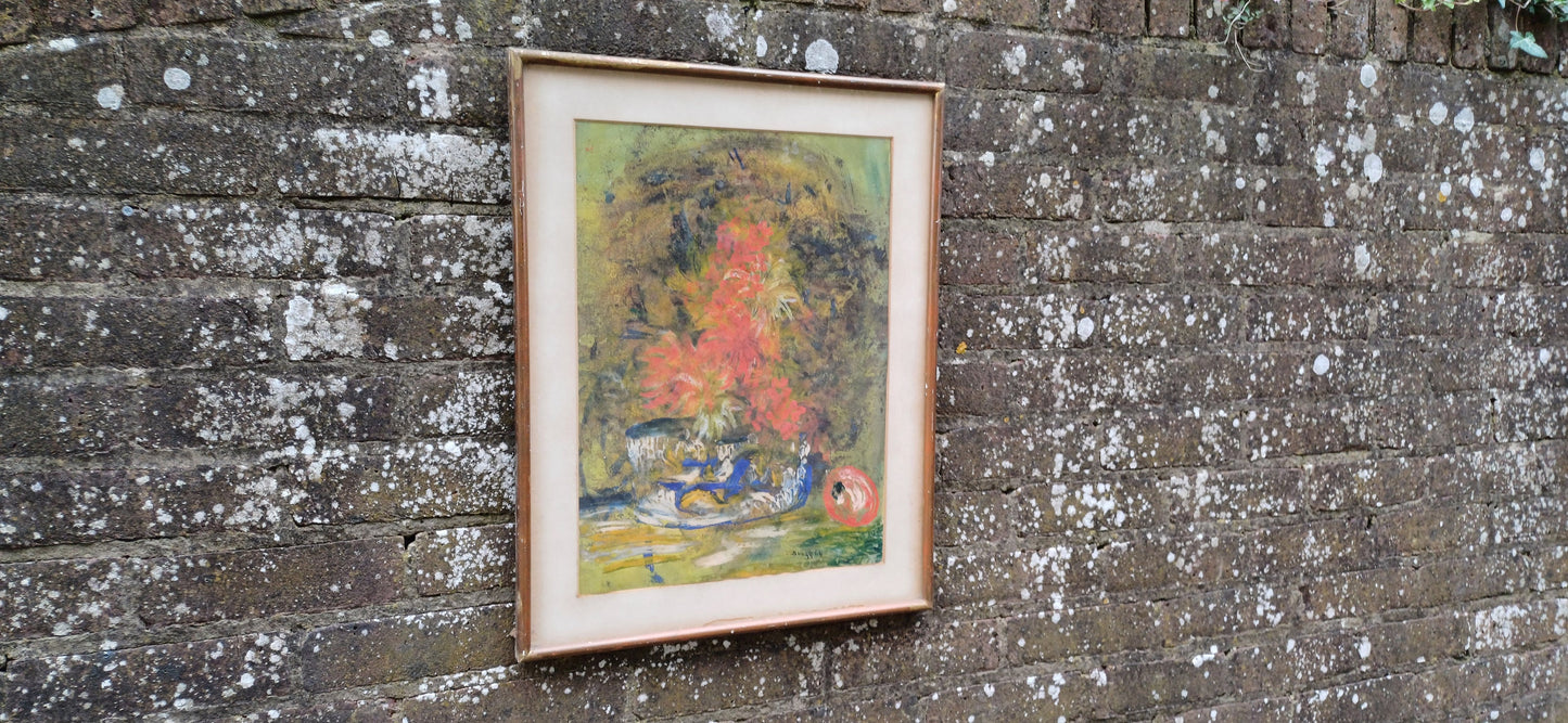 Retro authentic Abstract Still Life, oil painting, by Bungy 1964 - glazed wooden frame, ready to hang