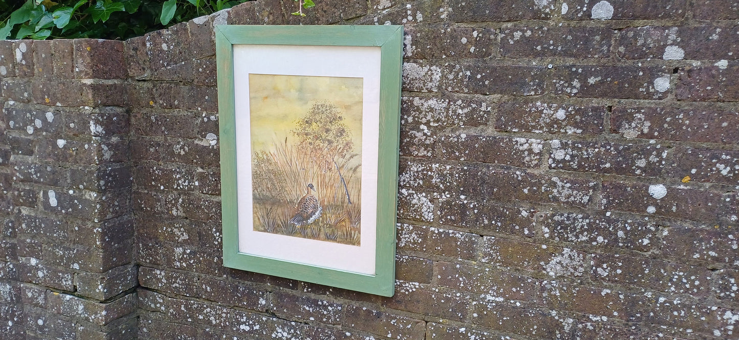 Vintage framed watercolour painting of a female pheasant; original watercolour painting of a bird; green painted wooden vintage frame