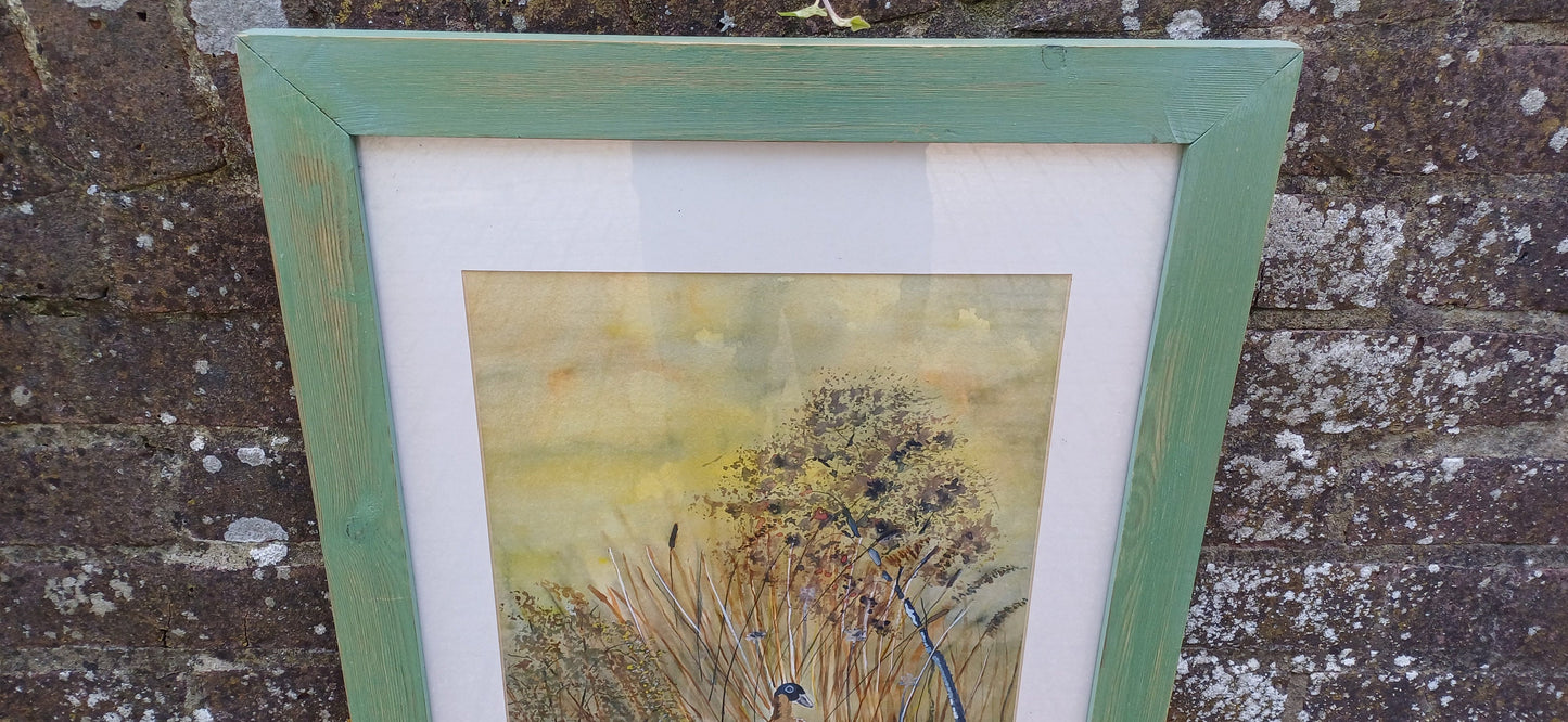 Vintage framed watercolour painting of a female pheasant; original watercolour painting of a bird; green painted wooden vintage frame