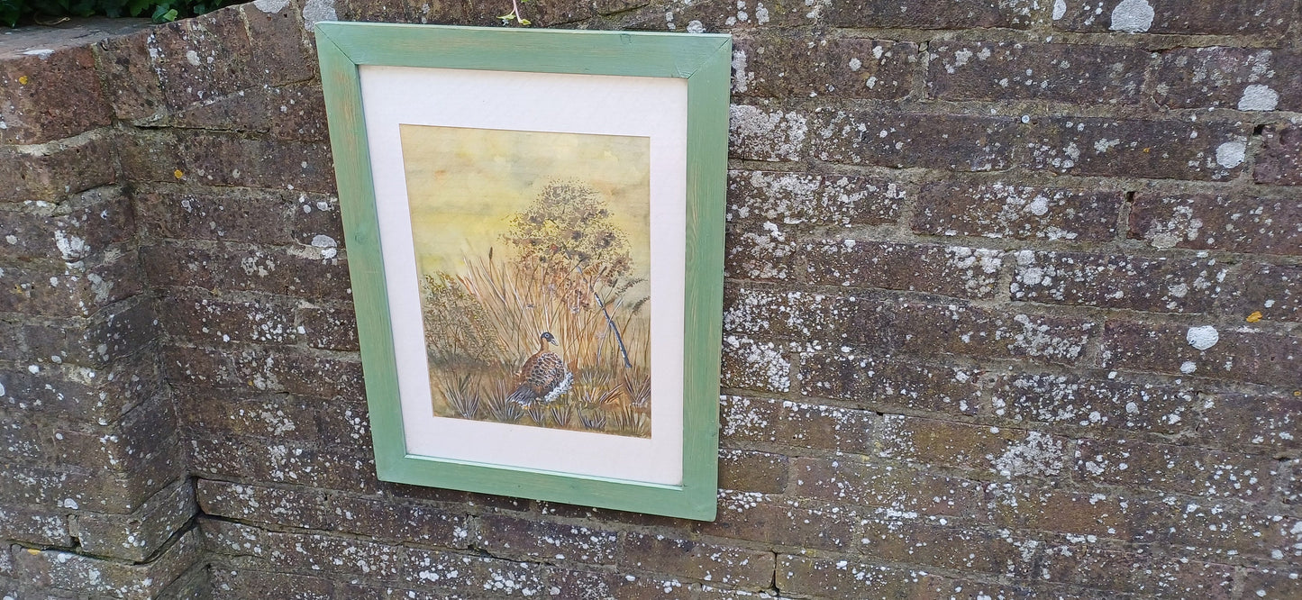 Vintage framed watercolour painting of a female pheasant; original watercolour painting of a bird; green painted wooden vintage frame