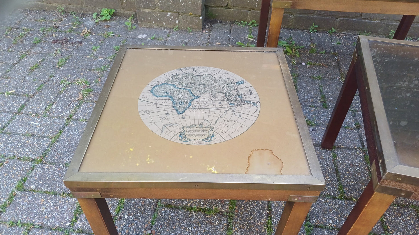 Vintage 80s Nest of Tables Globe World Map feat. Glass and Brass