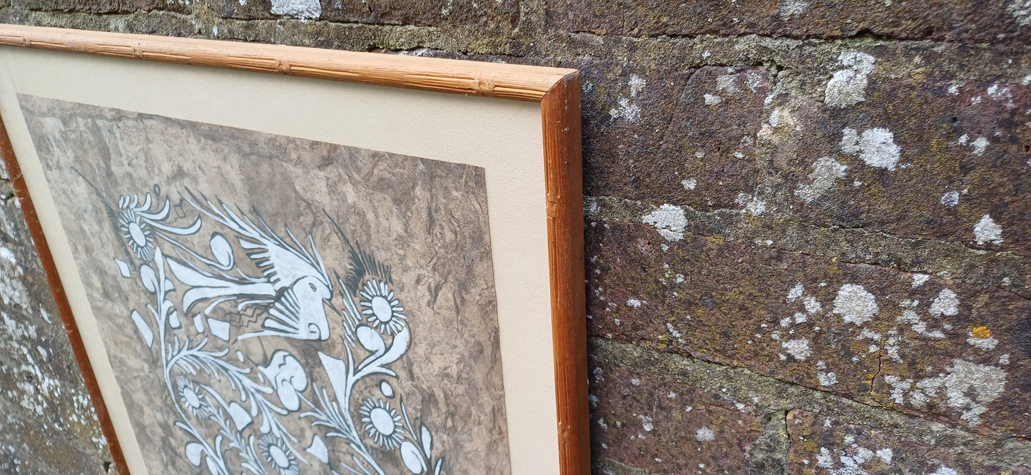 Unusual Earthy retro mixed media artwork - country rustic ethnic style - black and white design , print works, in glazed vintage frame