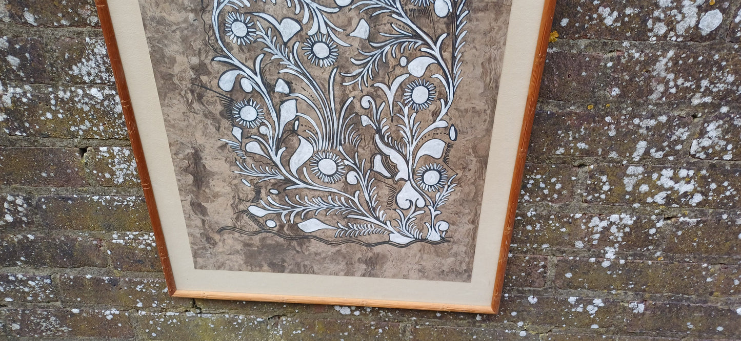 Unusual Earthy retro mixed media artwork - country rustic ethnic style - black and white design , print works, in glazed vintage frame