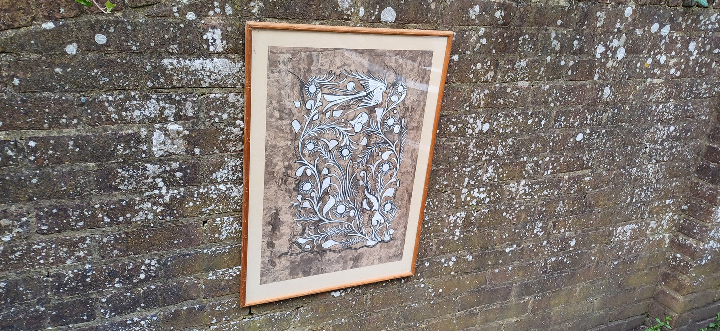 Unusual Earthy retro mixed media artwork - country rustic ethnic style - black and white design , print works, in glazed vintage frame