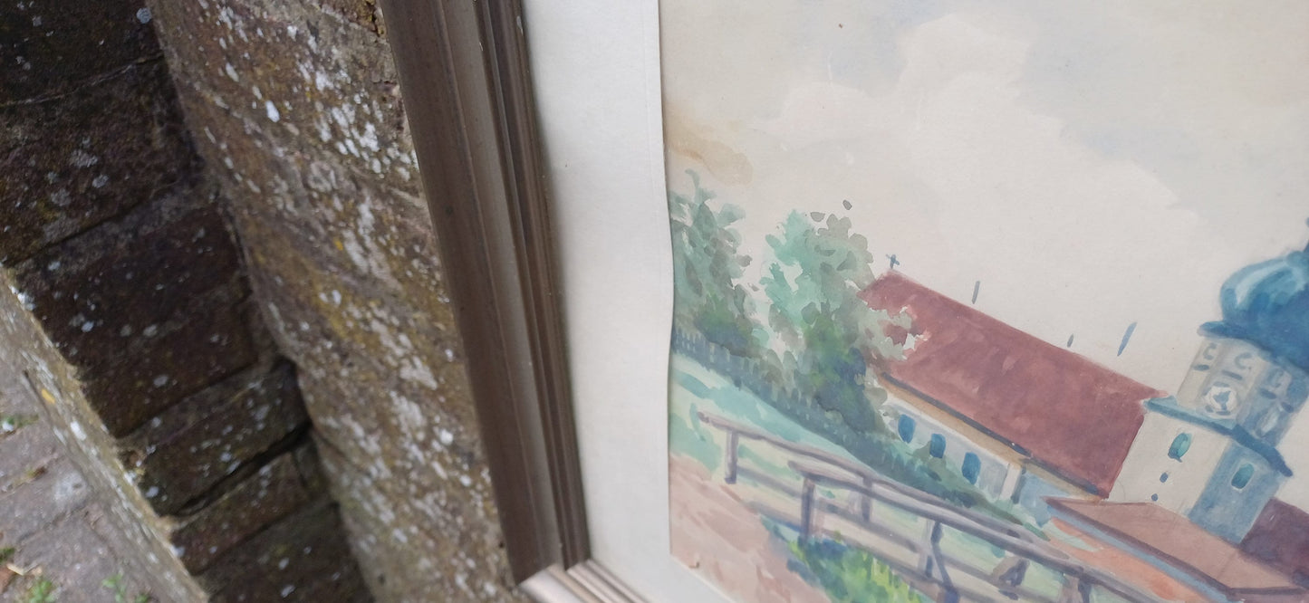 Vintage watercolour painting, original artwork, European town scene with river in foreground - framed and mounted in vintage glazed frame