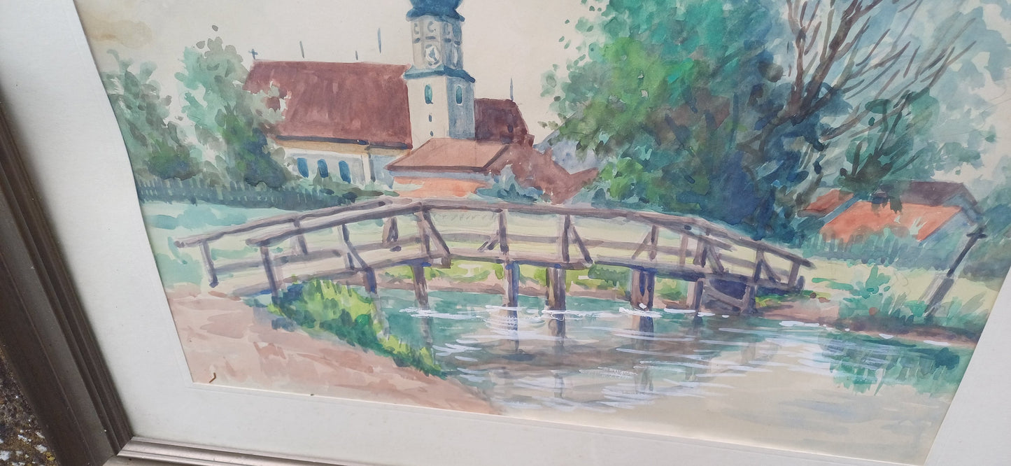 Vintage watercolour painting, original artwork, European town scene with river in foreground - framed and mounted in vintage glazed frame
