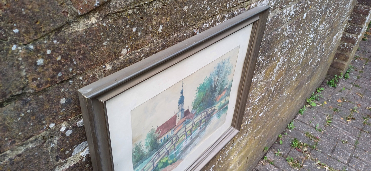 Vintage watercolour painting, original artwork, European town scene with river in foreground - framed and mounted in vintage glazed frame