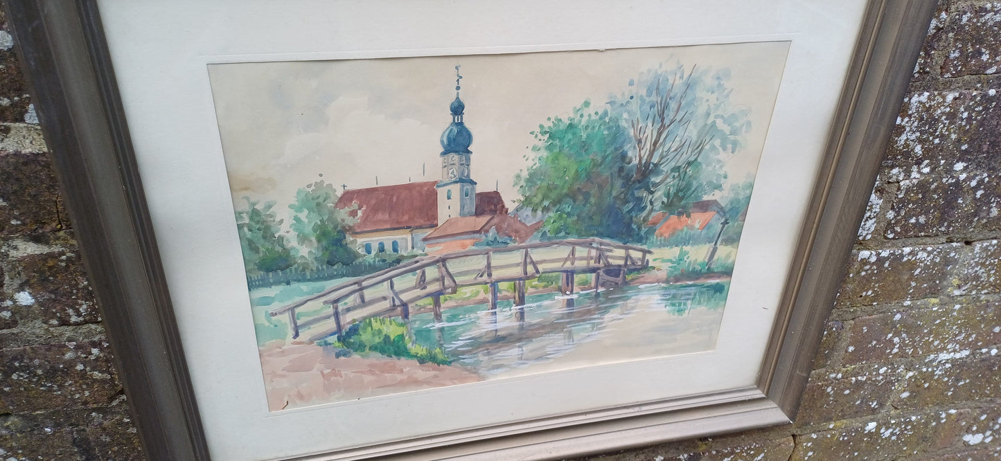 Vintage watercolour painting, original artwork, European town scene with river in foreground - framed and mounted in vintage glazed frame