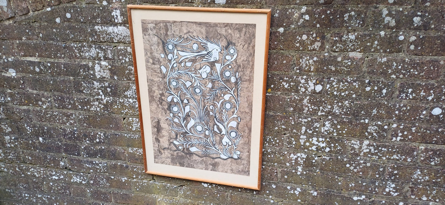 retro ethnic style country art design in black and white; wilderness art; mottled brown paper, in glazed vintage frame